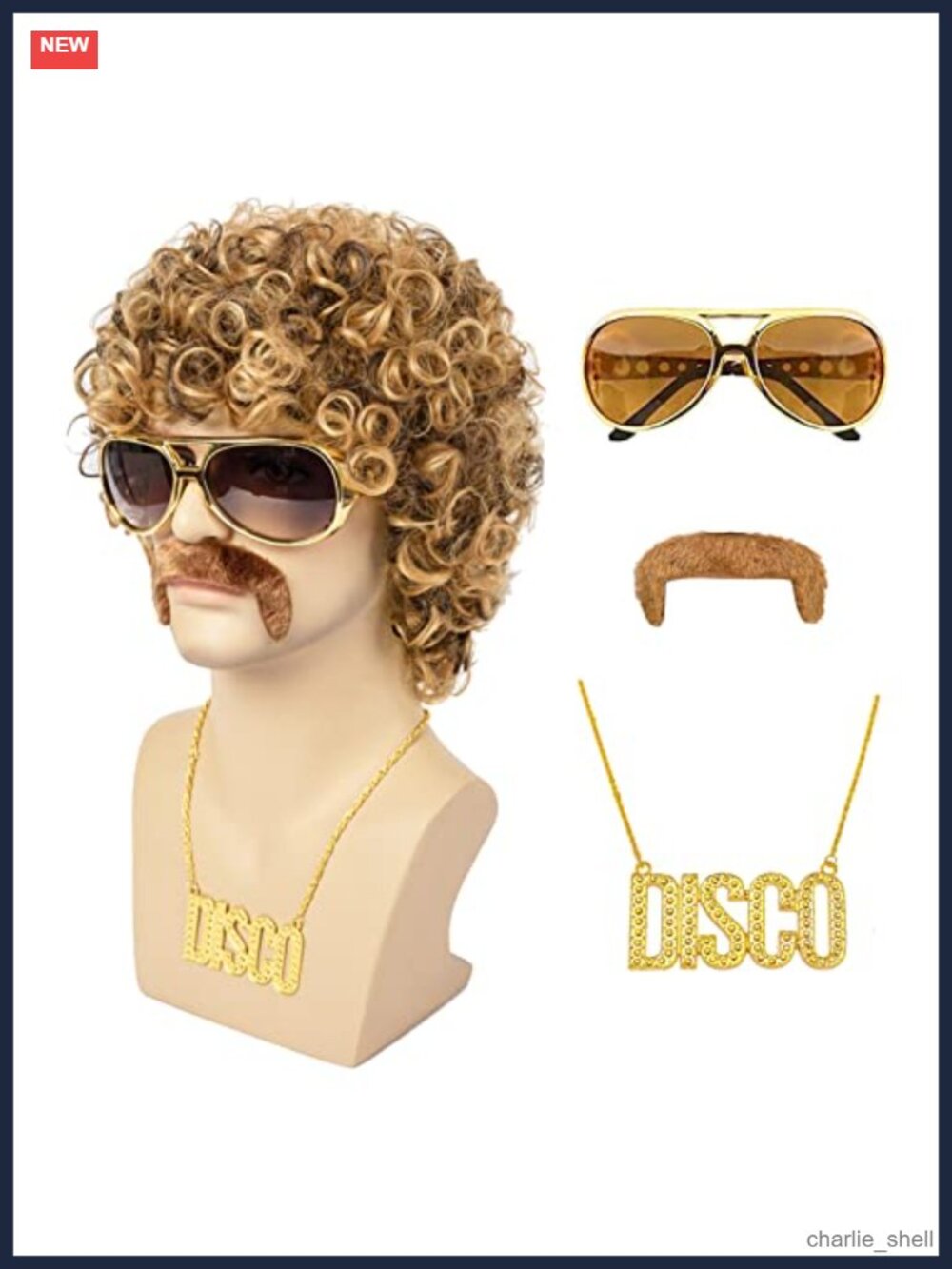 Disco Wig 5Pcs Costume Set Afro Wig Men Halloween Party